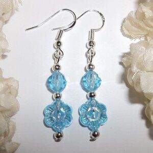 Flower Earring Blue Silver Dangle Drop Turquoise AB Aurora Borealis Jewelry D344